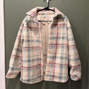 Plaid Pea Coat - Cream, Pink, Blue